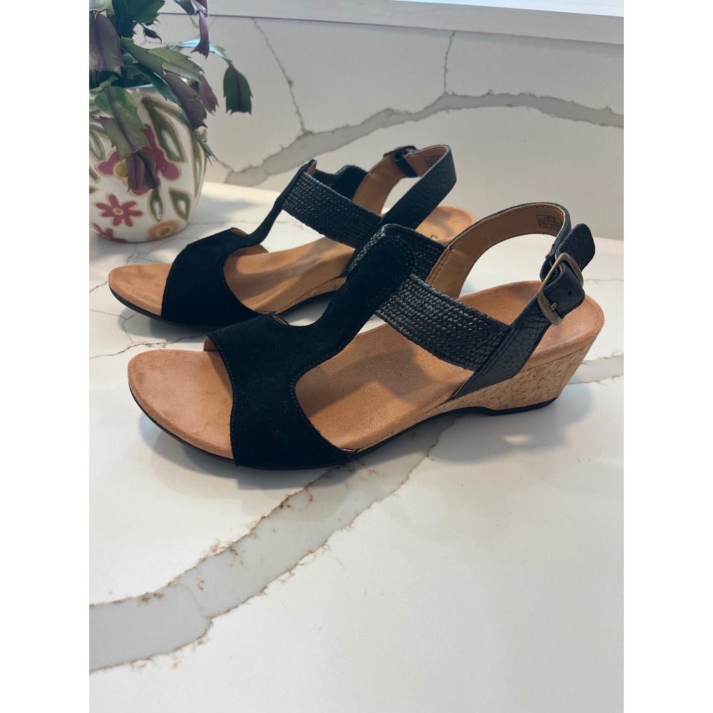 Vionic Kaytie Black Suede Leather T-Strap Cork Wedge Sandals Womens 9.5